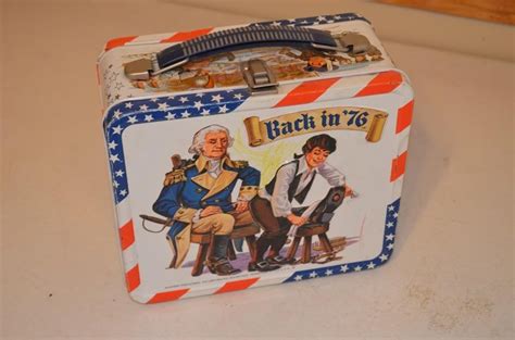 1776 metal lunch box|antique metal Lunch box 1776 with a thermos and US 48 star flag.